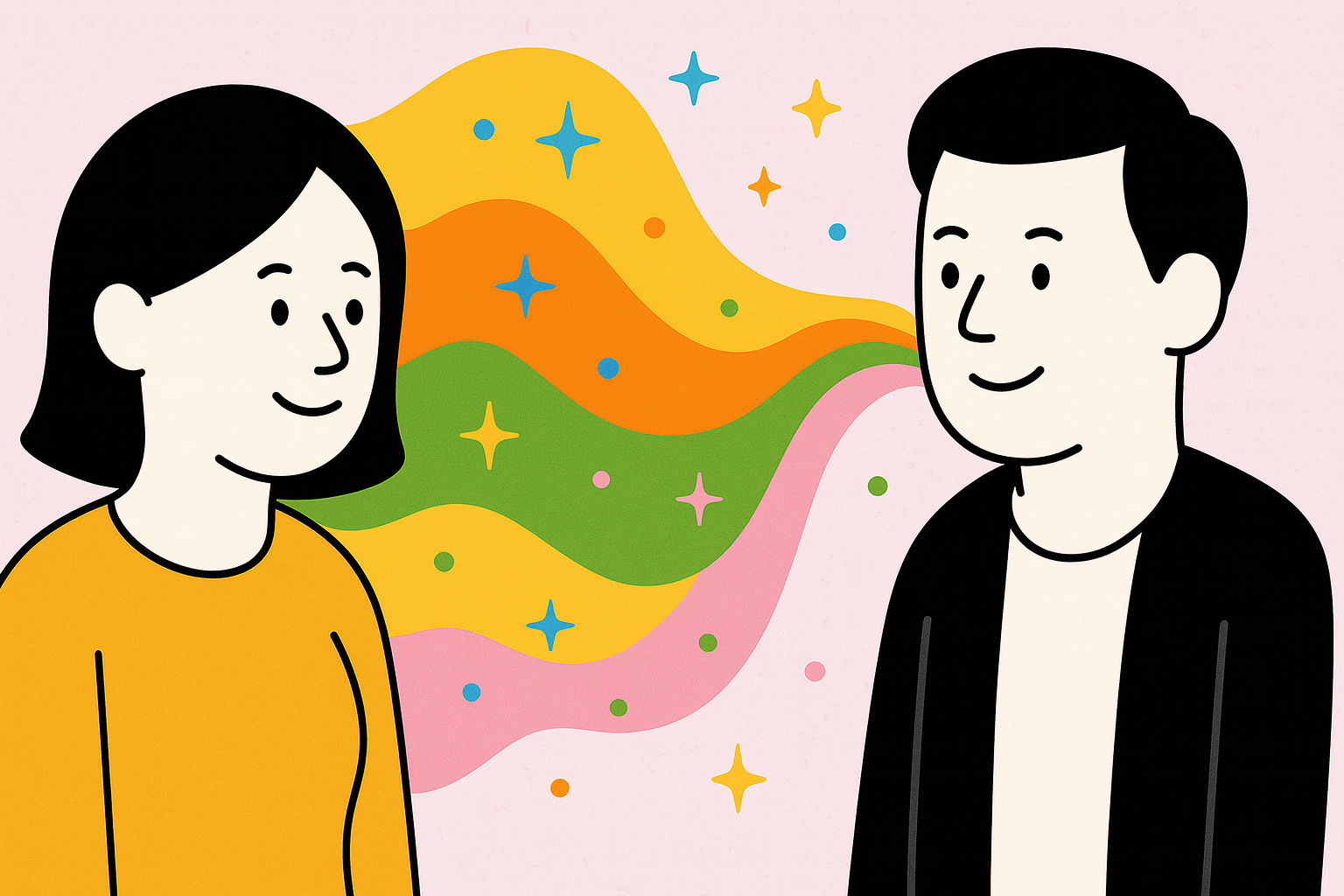 Illustration of a man and woman facing each other, smiling warmly. Between them flow colourful waves of orange, green, pink and yellow filled with small stars and dots, symbolising open communication and emotional connection. The background is a soft pink with a textured feel.
